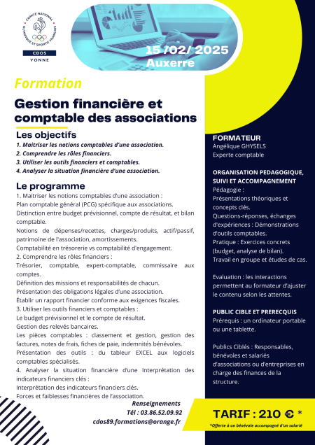 FORMATION : Gestion financière et comptable des associations (15/02/2025) - Comité Départemental Olympique et Sportif de l'Yonne